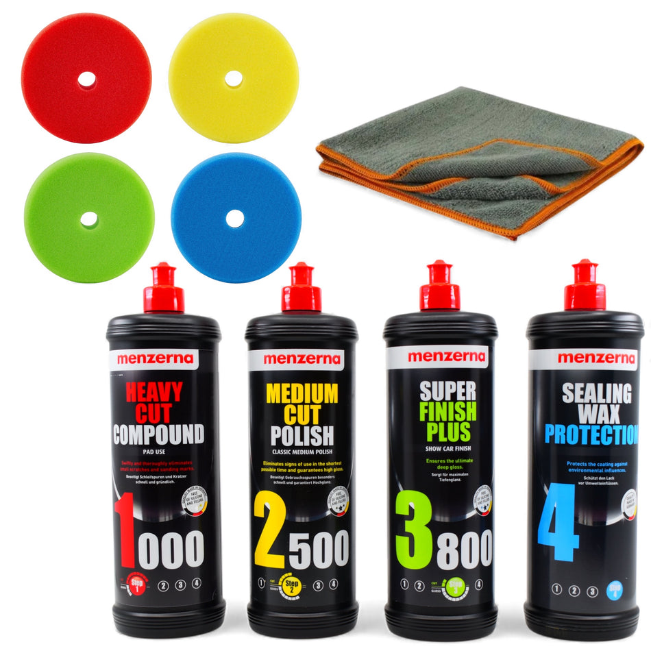 Menzerna Autopolitur Set Premium + Polierpads 125/140mm + Nanofasertuch