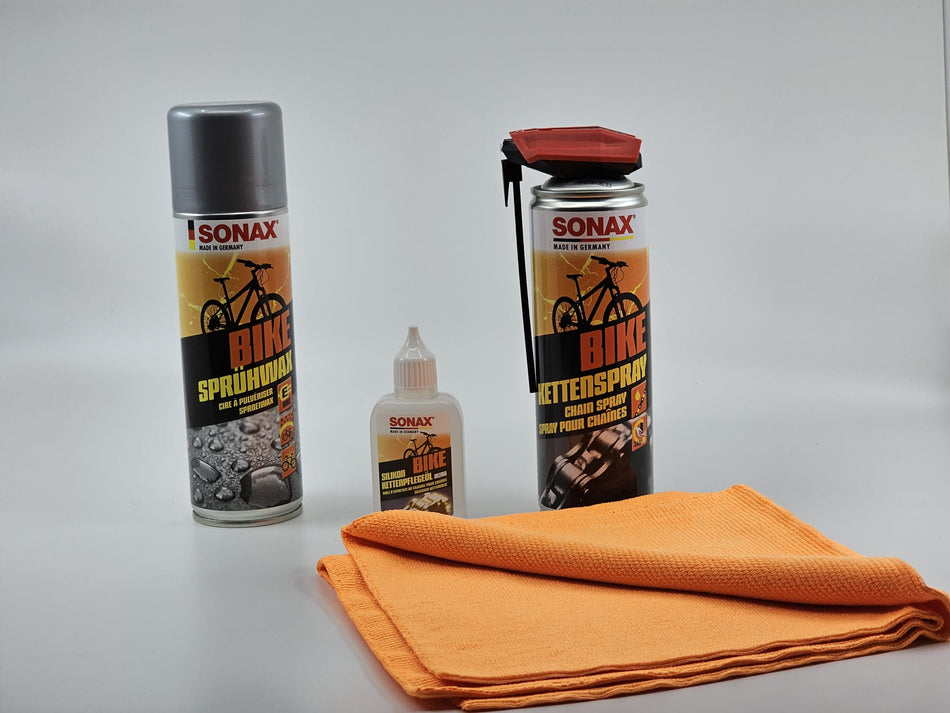 SONAX FAHRRAD PREMIUM SET SPRÜHWAX, KETTENPFLEGEÖL, KETTENSPRAY & MIKROFASER POLIERTUCH